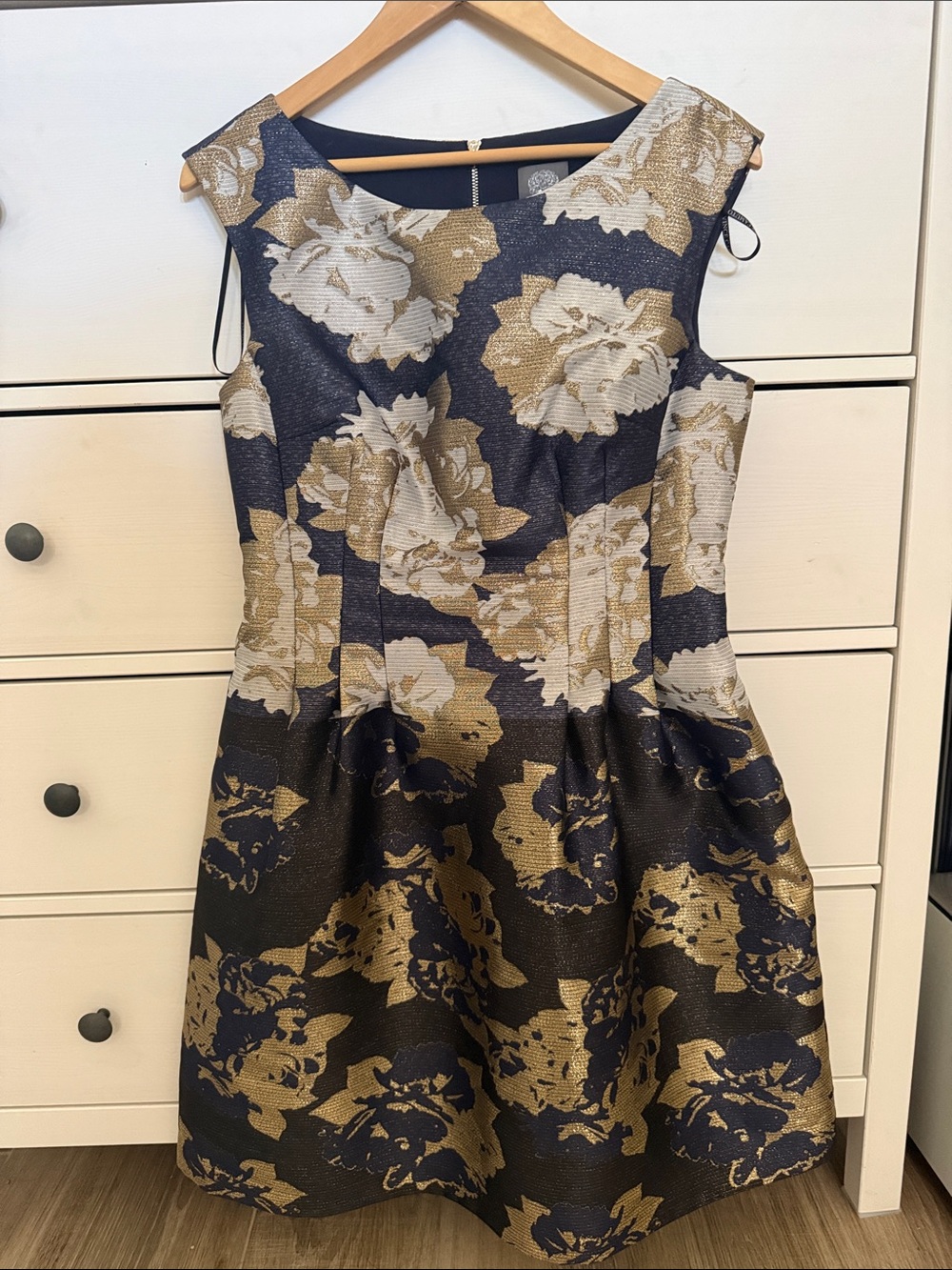 Navy and Gold Floral Fit-and-Flare Dress